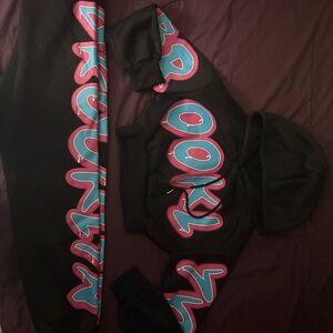 New york brooklyn Black Hoodie and Joggers Set with Bold Lettering